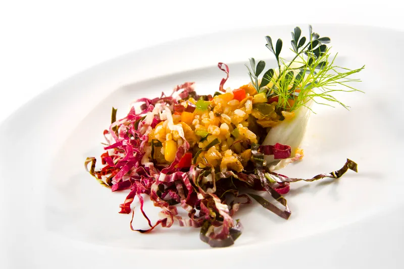 Integralna riža sa skušom i povrćem na crvenom radiču