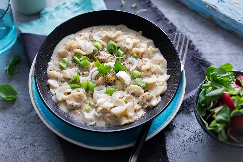 Rezanci s umakom od gljiva s mladim lukom
